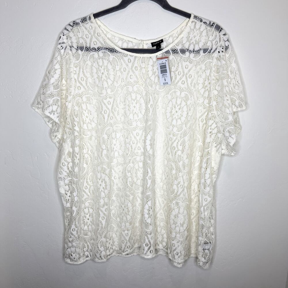 Torrid Abbey Sheer Lace Top Womens Plus 5 Cream Ivory 5X Short Sleeve